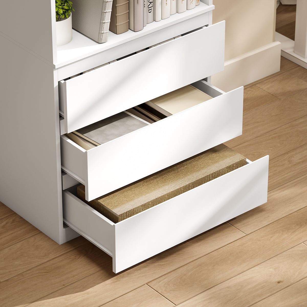 Bibliothèque haute de 180 cm avec 3 étagères et 3 tiroirs 60 x 35 x 180 cm en bois blanc
