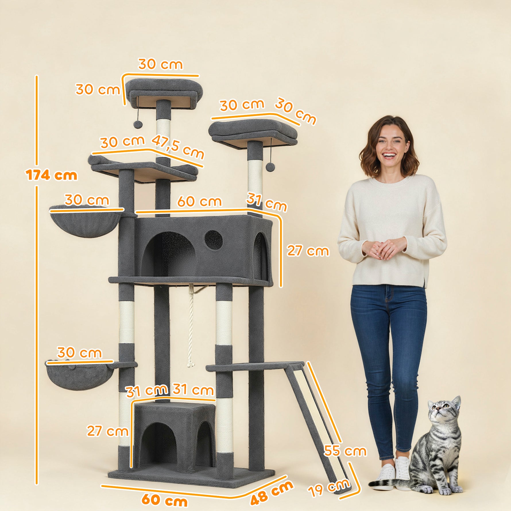Arbre à chat tour de jeux pour chat avec griffoir 3 lits 2 niches plateformes et 3 jouets suspendus hauteur 174 cm gris
