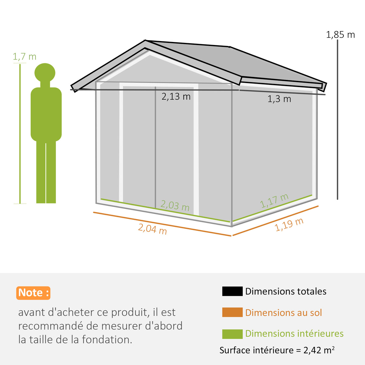 Abri de Jardin 2,42 m² - Remise pour Outils avec Fondation - cabanon Porte verrouillable - tôle d'acier Vert clair