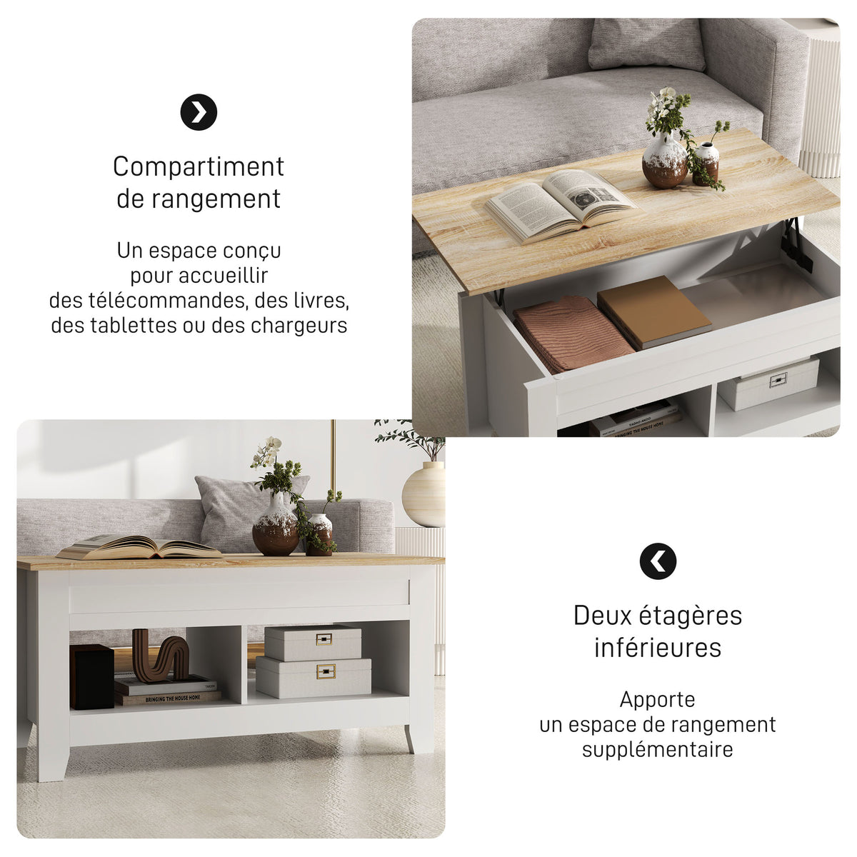 Table basse plateau relevable, table de salon avec étagères et compartiment caché,105 x 50 x 49-62,5 cm blanc