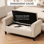 Banc de rangement bout de lit avec accoudoirs, tissu effet velours rembourré et capitonné, 126 x 48,5 x 57 cm, beige