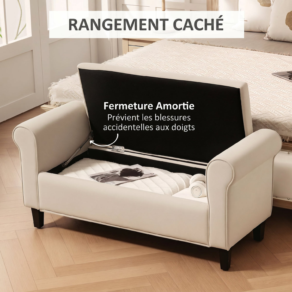 Banc de rangement bout de lit avec accoudoirs, tissu effet velours rembourré et capitonné, 126 x 48,5 x 57 cm, beige