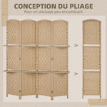 Paravent séparateur de pièce 4 panneaux 160 x170 cm avec 2 étagères, pliable, en bois