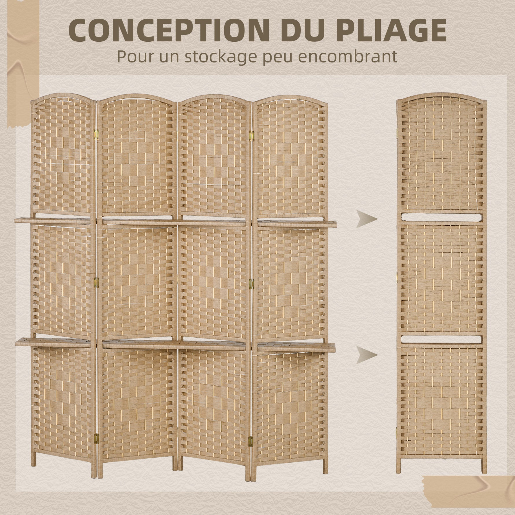 Paravent séparateur de pièce 4 panneaux 160 x170 cm avec 2 étagères, pliable, en bois
