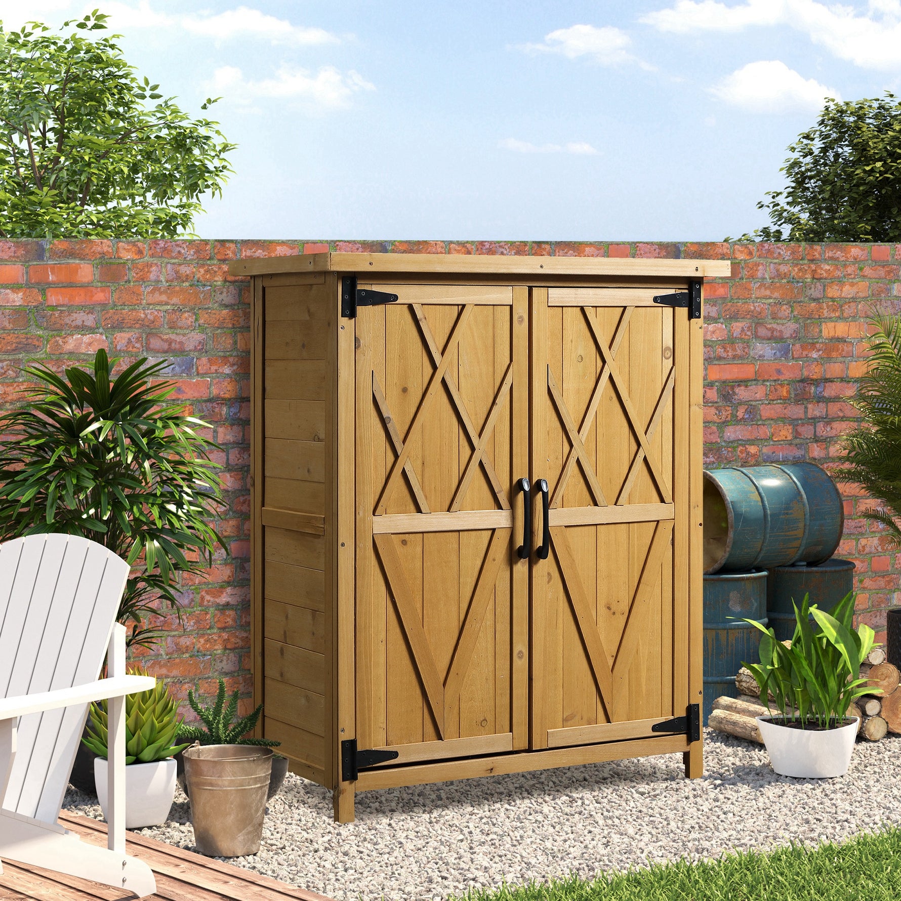 Abri de jardin armoire de jardin 3 étagères 2 portes toit en tôle galvanisé étanche bois sapin 75 x 40 x 90 cm jaune