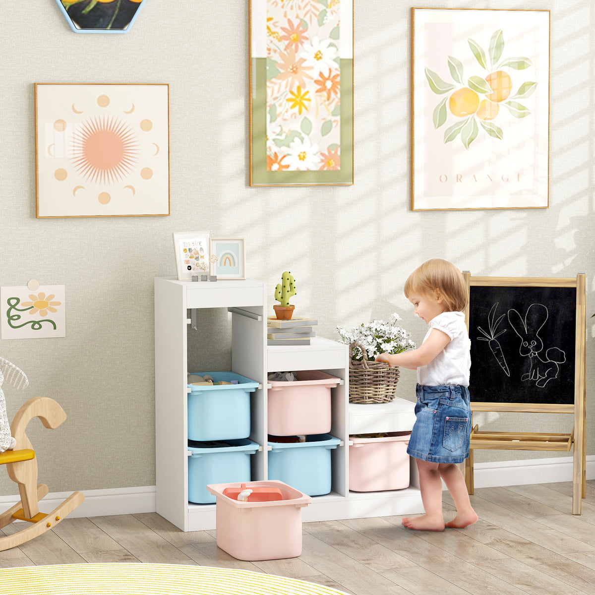 Meuble de rangement pour jouets des enfants avec 6 bacs amovibles, 3 niveaux de rangement, 96 x 38,5 x 90, multicolore