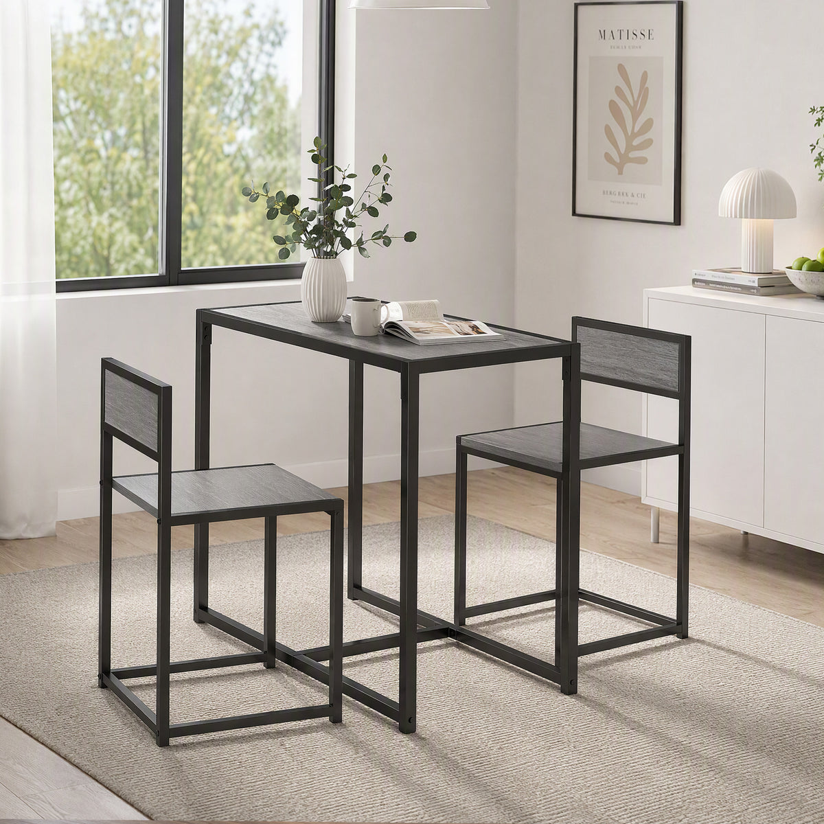 Conjunto de mesa y sillas, mesa de comedor de 3 piezas con 2 sillas apilables, para cocina, salón, hogar, gris