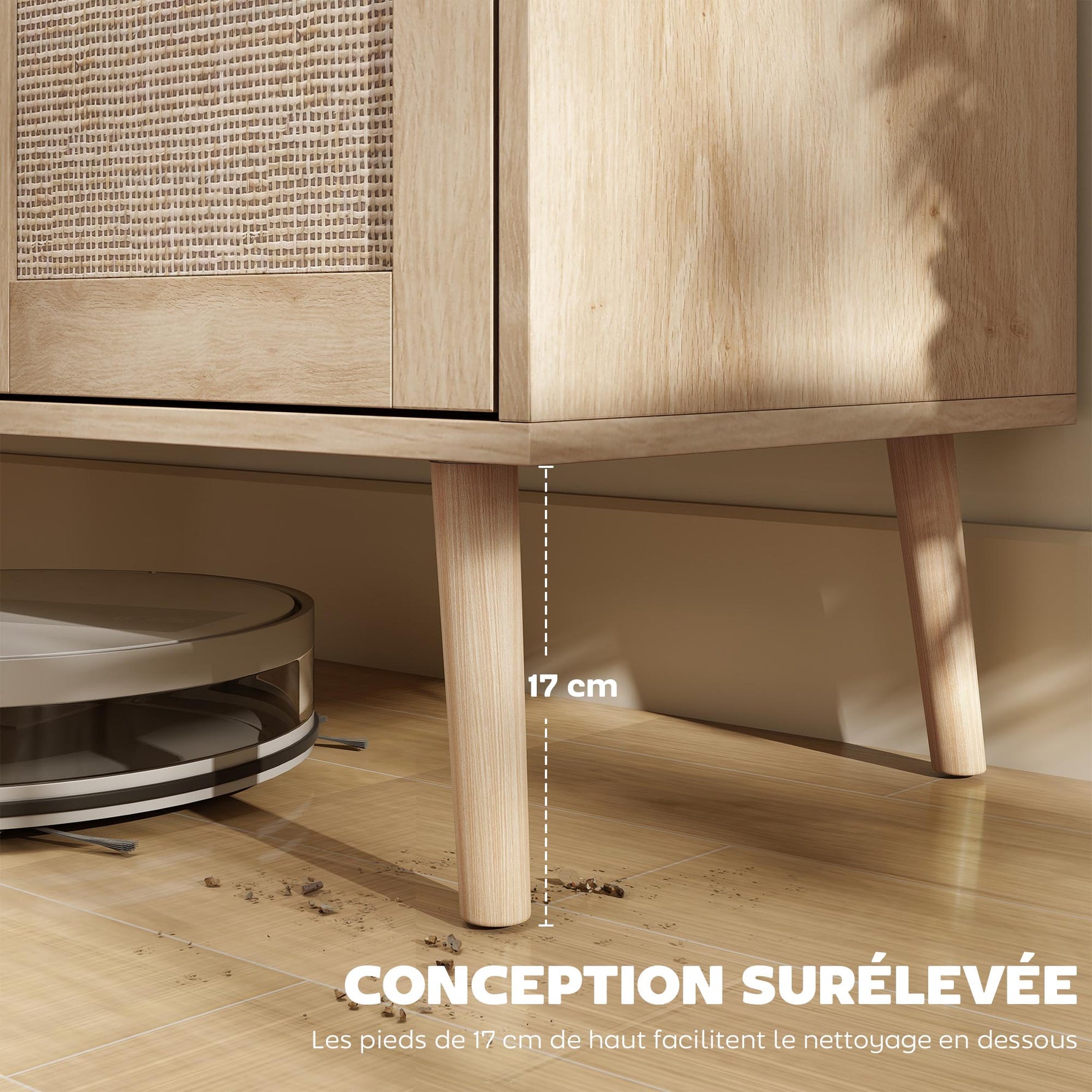 Buffet salon meuble de rangement placards à portes en cannage et étagère réglable 140 x 40 x 75 cm effet bois naturel