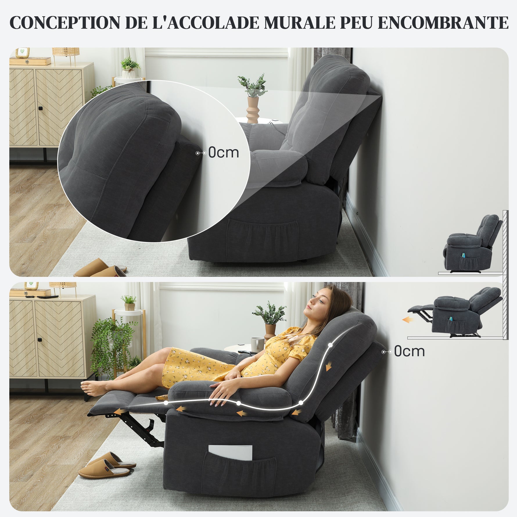 Fauteuil de massage fauteuil relax avec vibration chauffage, inclination manuelle, télécommande inclus, gris