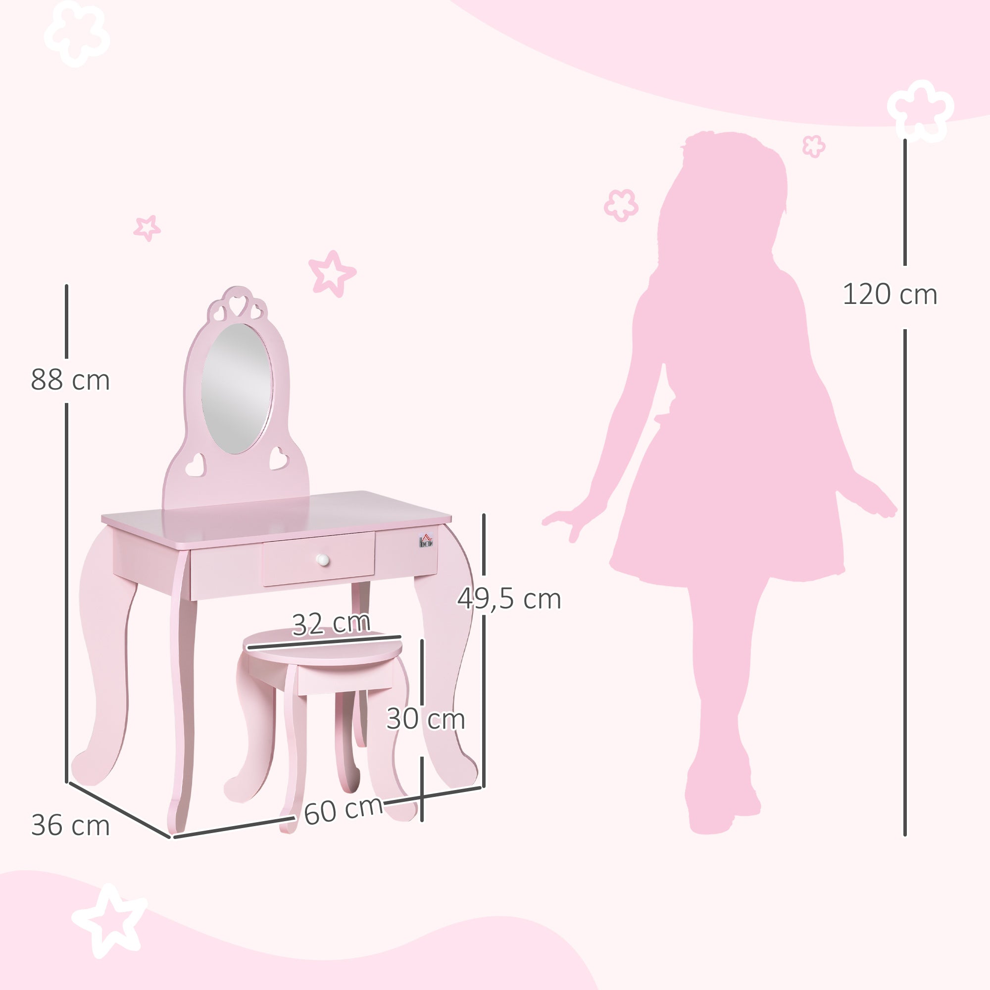 Coiffeuse Enfant Design Girly avec Motifs à Coeur - Tabouret Inclus - dim. 60L x 36l x 88H cm - tiroir, Miroir - MDF - Rose