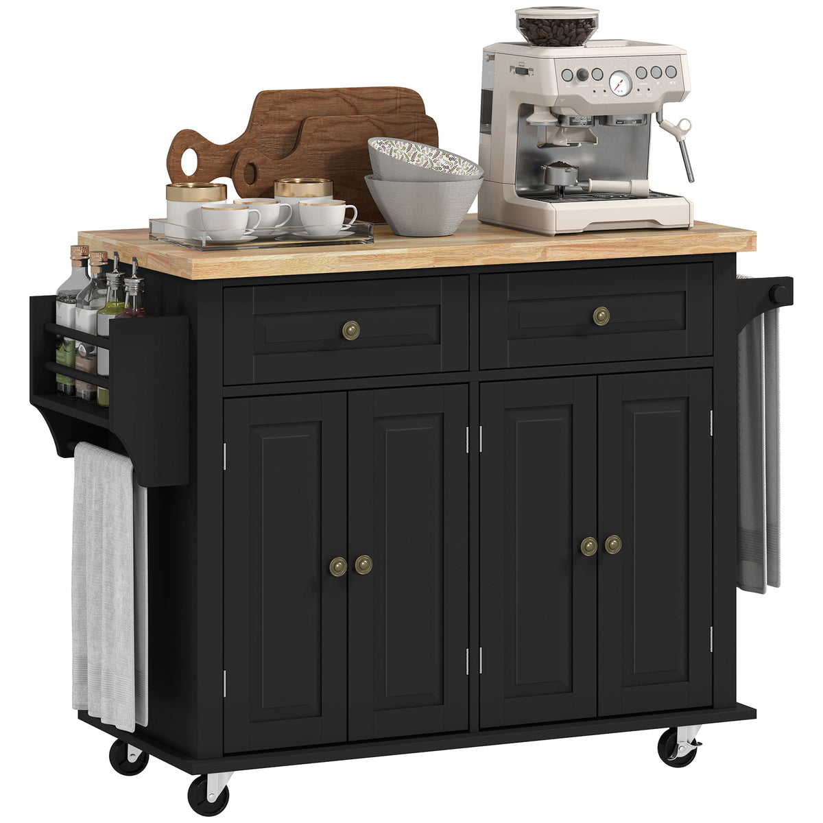 Desserte ilôt de cuisine multi rangements 2 tiroirs 2 placard 2 portes avec étagère range-bouteille