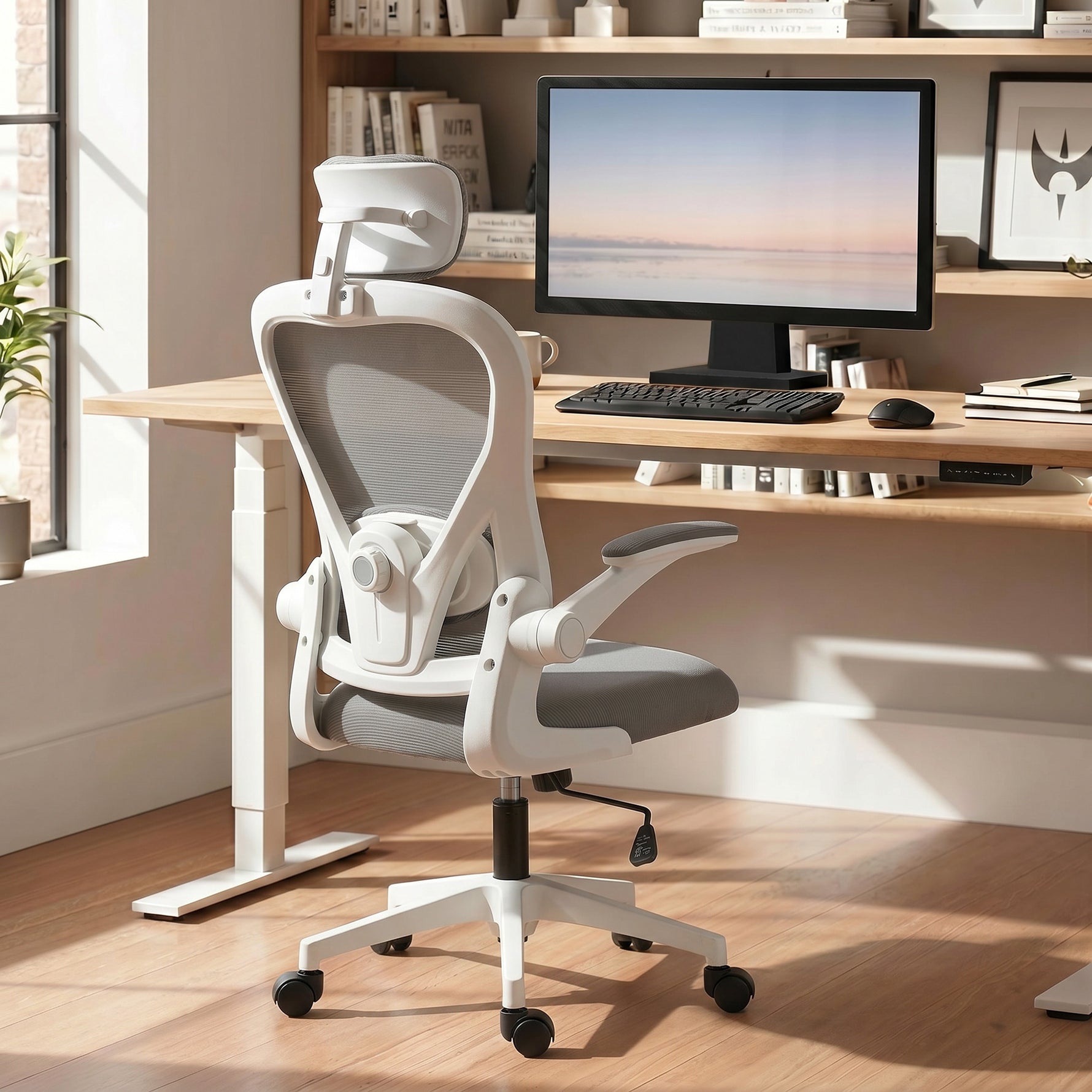 Chaise de Bureau Ergonomique, Fauteuil de Bureau en Maille avec Appui-Tête et Soutien Lombaire Réglables, Gris