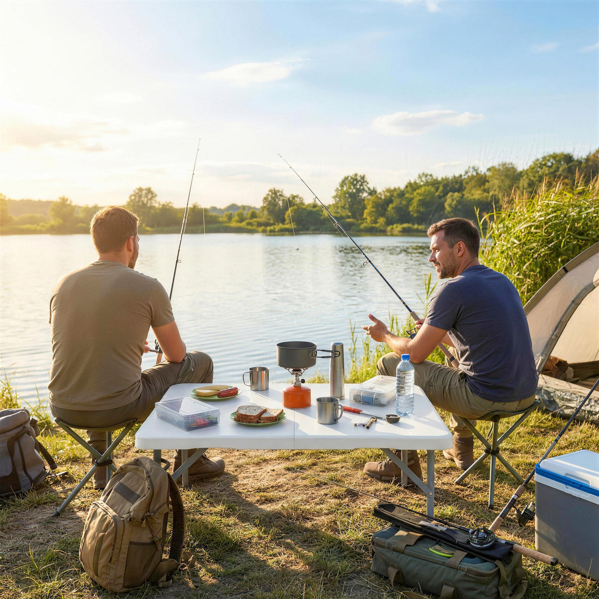 Mesa plegable de HDPE, mesa de camping plegable cuadrada 86 x 86 x 74 cm, con asa, altura ajustable, blanco