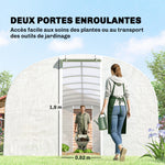 Serre tunnel de jardin 24m², serre de jardin tunnel avec cadre en acier galvanisé, portes et 2 grandes fenêtres, blanc
