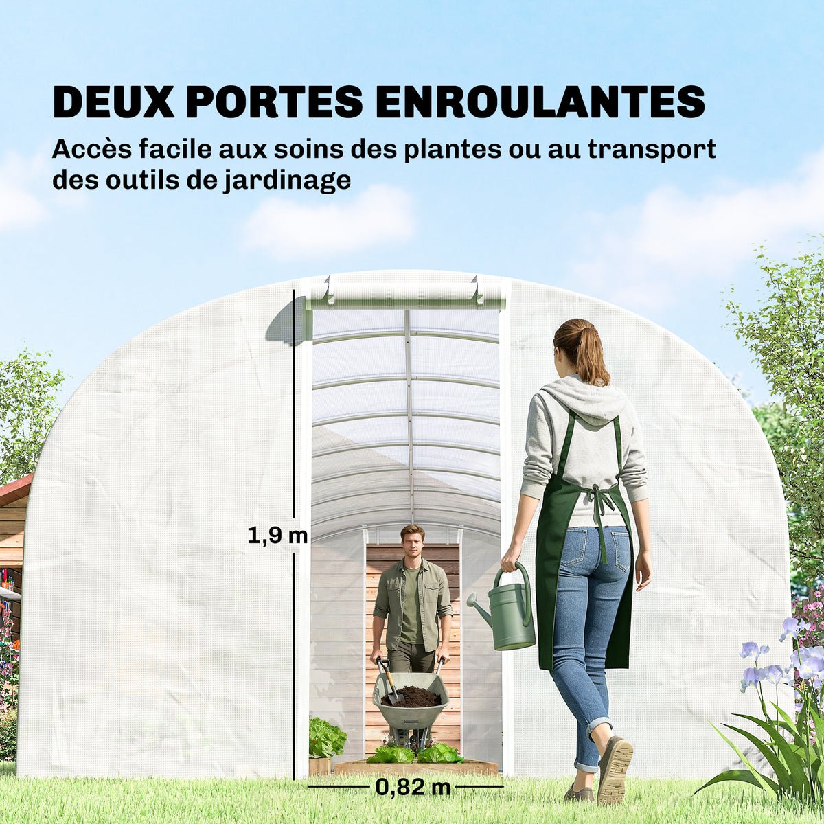 Serre tunnel de jardin 24m², serre de jardin tunnel avec cadre en acier galvanisé, portes et 2 grandes fenêtres, blanc