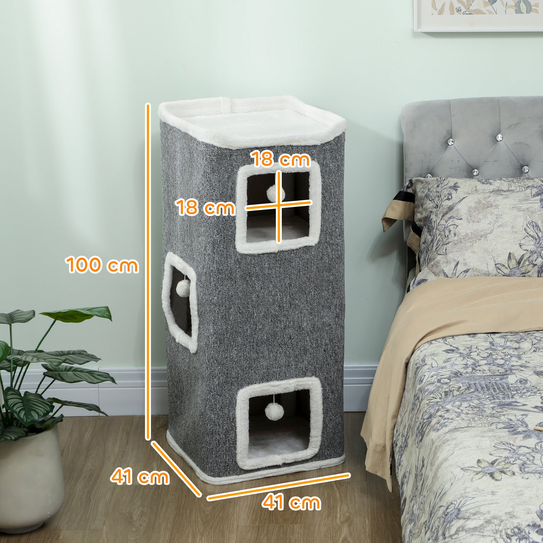 Tour pour chat 4 niveaux, arbre à chat stable boules de jeu plateforme supérieure bord en peluche, 41x 41 x 100 cm, gris