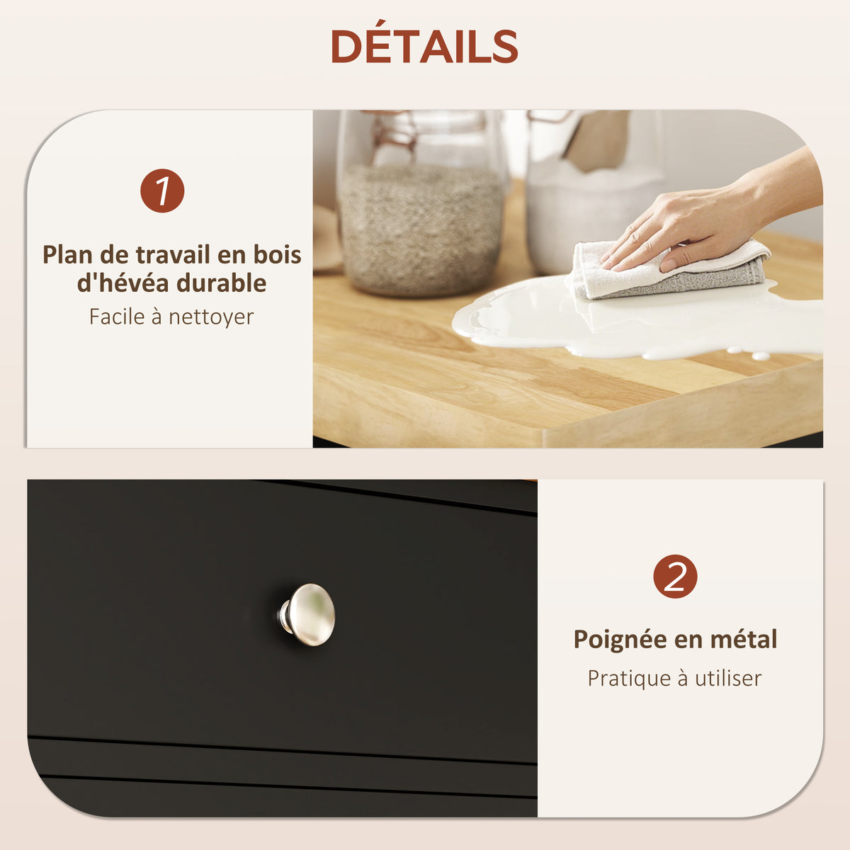 Carrello da cucina con ruote, carrello di servizio, piano di lavoro in legno di gomma, cassetto, 63,5 x 40 x 90 cm, nero