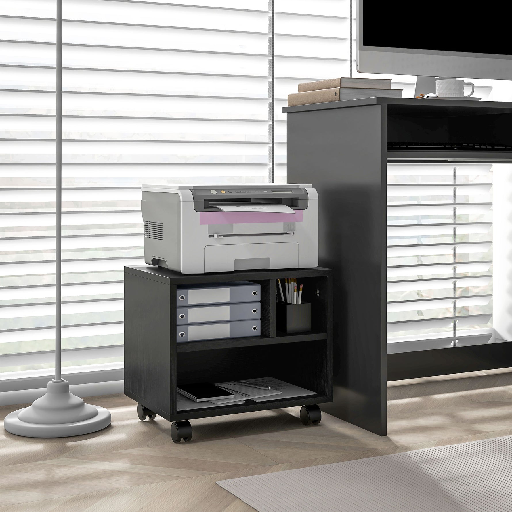 Support d'imprimante meuble de rangement bureau caisson 3 compartiments ouverts 40 x 30 x 36 cm noir