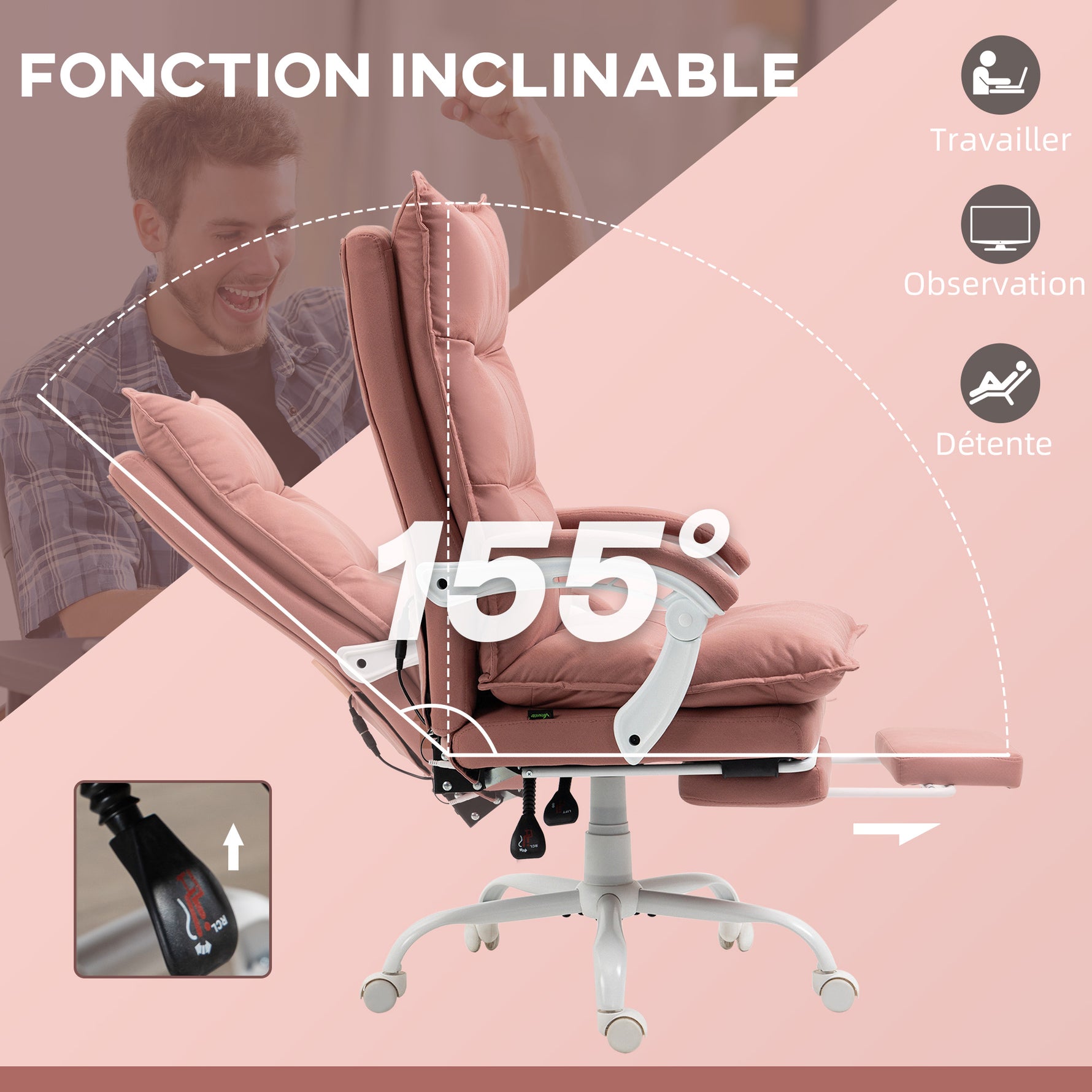 Fauteuil de bureau massant et chauffant, chaise de bureau, hauteur réglable, dossier inclinable, 66x74x121,5cm rose
