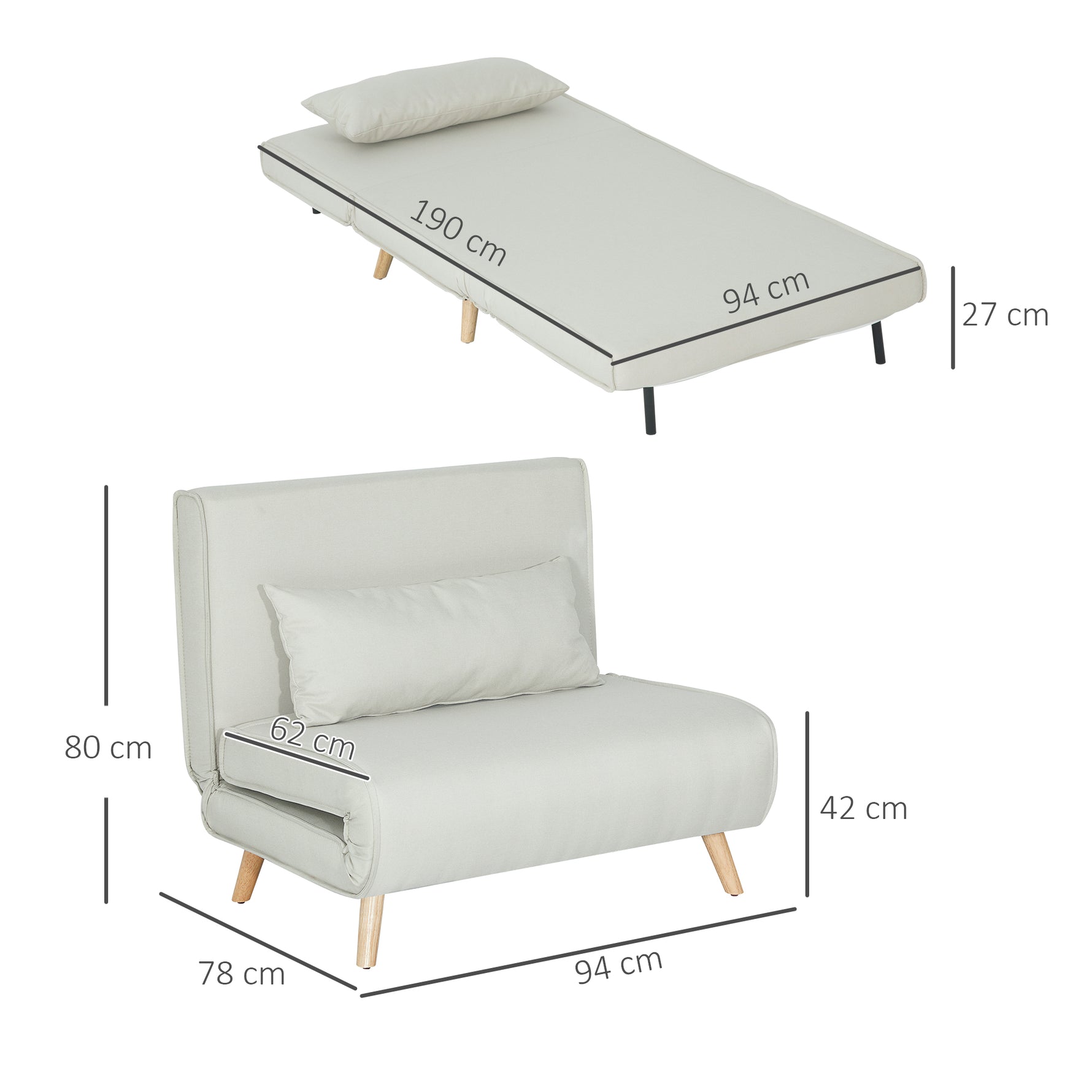 Canapé-lit 1 place avec dossier réglable, coussin inclus et pieds pliables charge 120 kg blanc