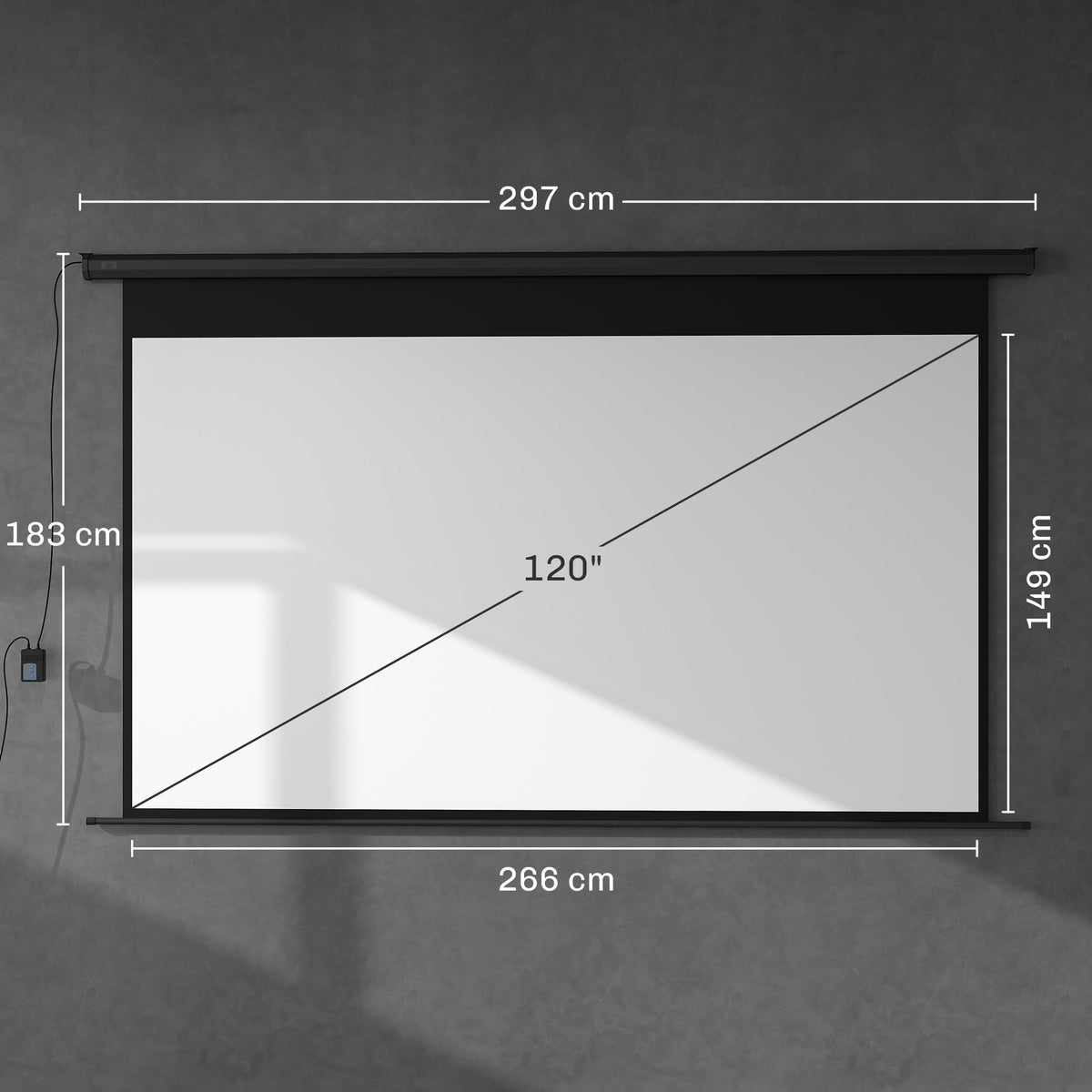 Pantalla de proyección motorizada de 120 pulgadas, 16:9 4K HD, montaje en pared o techo con mando a distancia, 297x8x183 cm