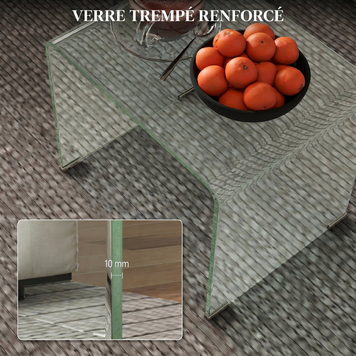 Table basse en verre table de salon rectangulaire design moderne en verre trempé avec bords arrondis sûrs transparent
