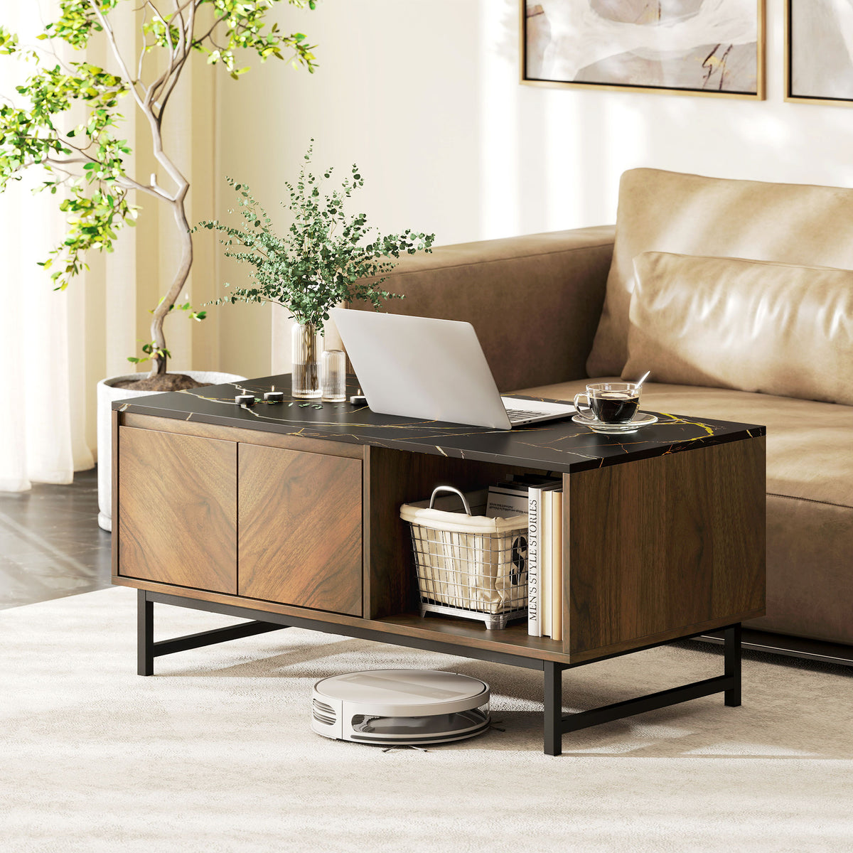 Table basse, table de salon, plateau effet marbre, 2 portes et 2 niches ouvertes, 100 x 50,8 x 45,7 cm, noyer