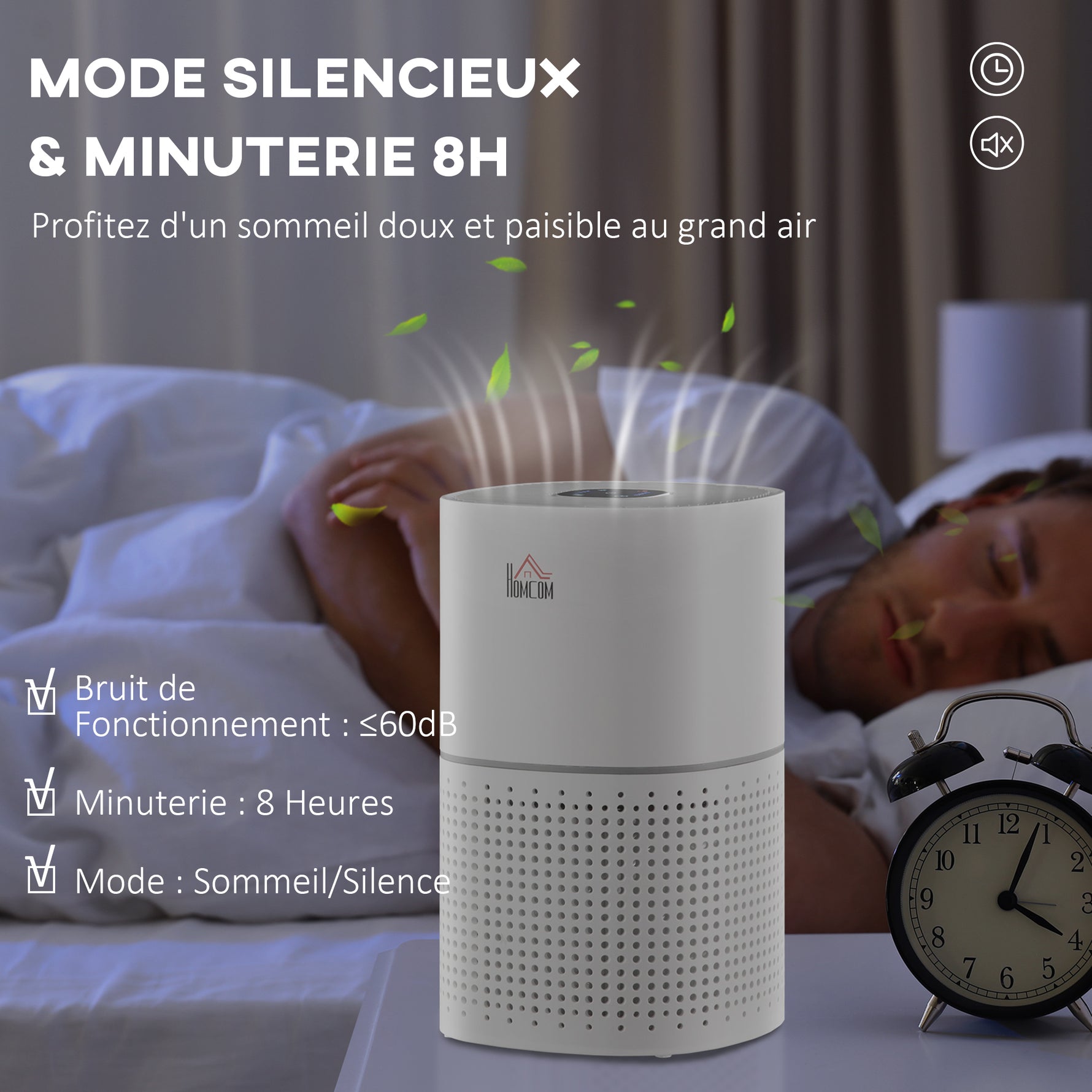 Purificateur d'Air HEPA, Ioniseur, CADR 225m³/h, Mode de Veille Silencieux, 50W, Minuterie, 4 Vitesses - Dim. 22L x 22l x 36H cm - Blanc