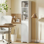 Meuble de salle de bain haut, meuble de rangement avec porte, tiroir, compartiments ouverts, étagère réglable, blanc
