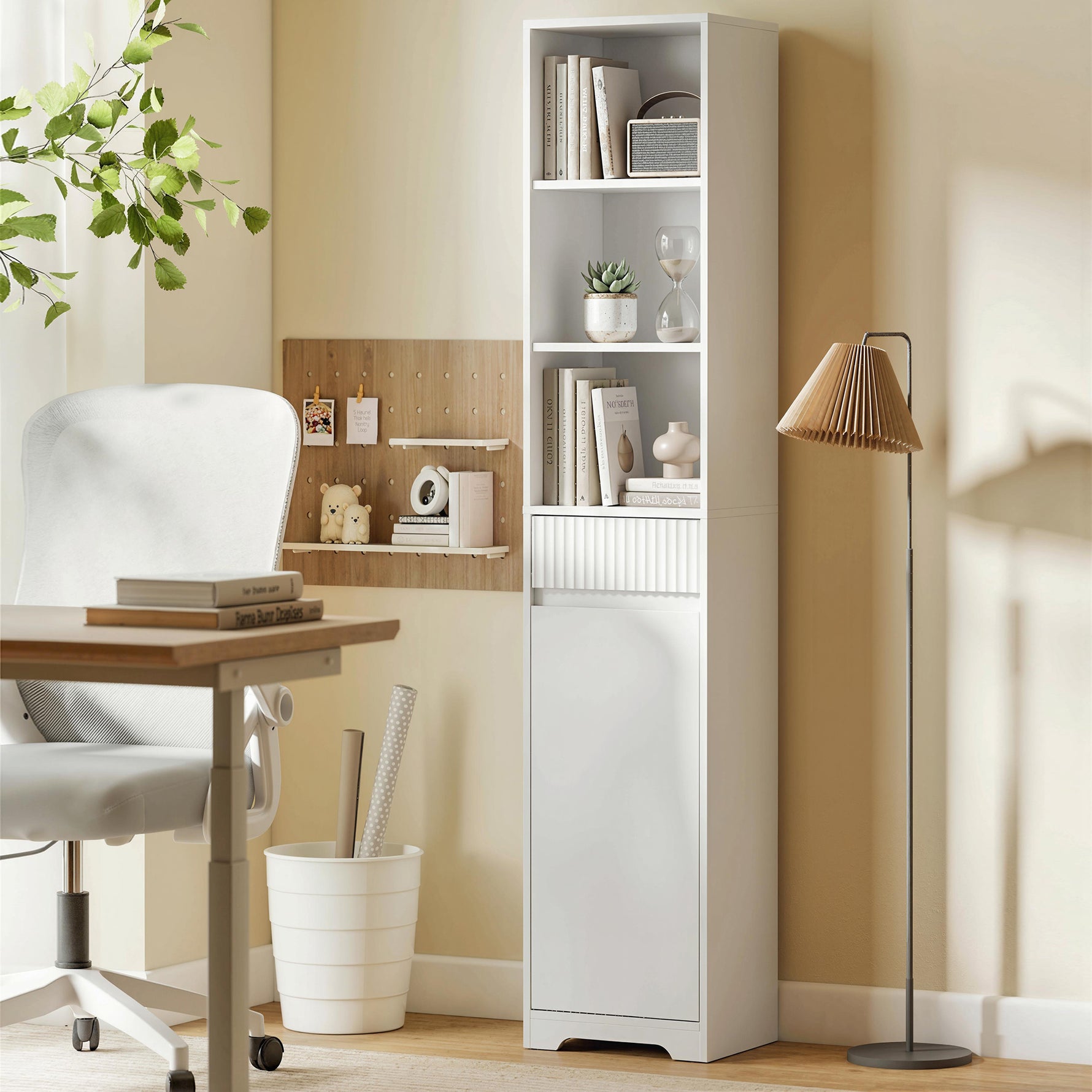 Meuble de salle de bain haut, meuble de rangement avec porte, tiroir, compartiments ouverts, étagère réglable, blanc