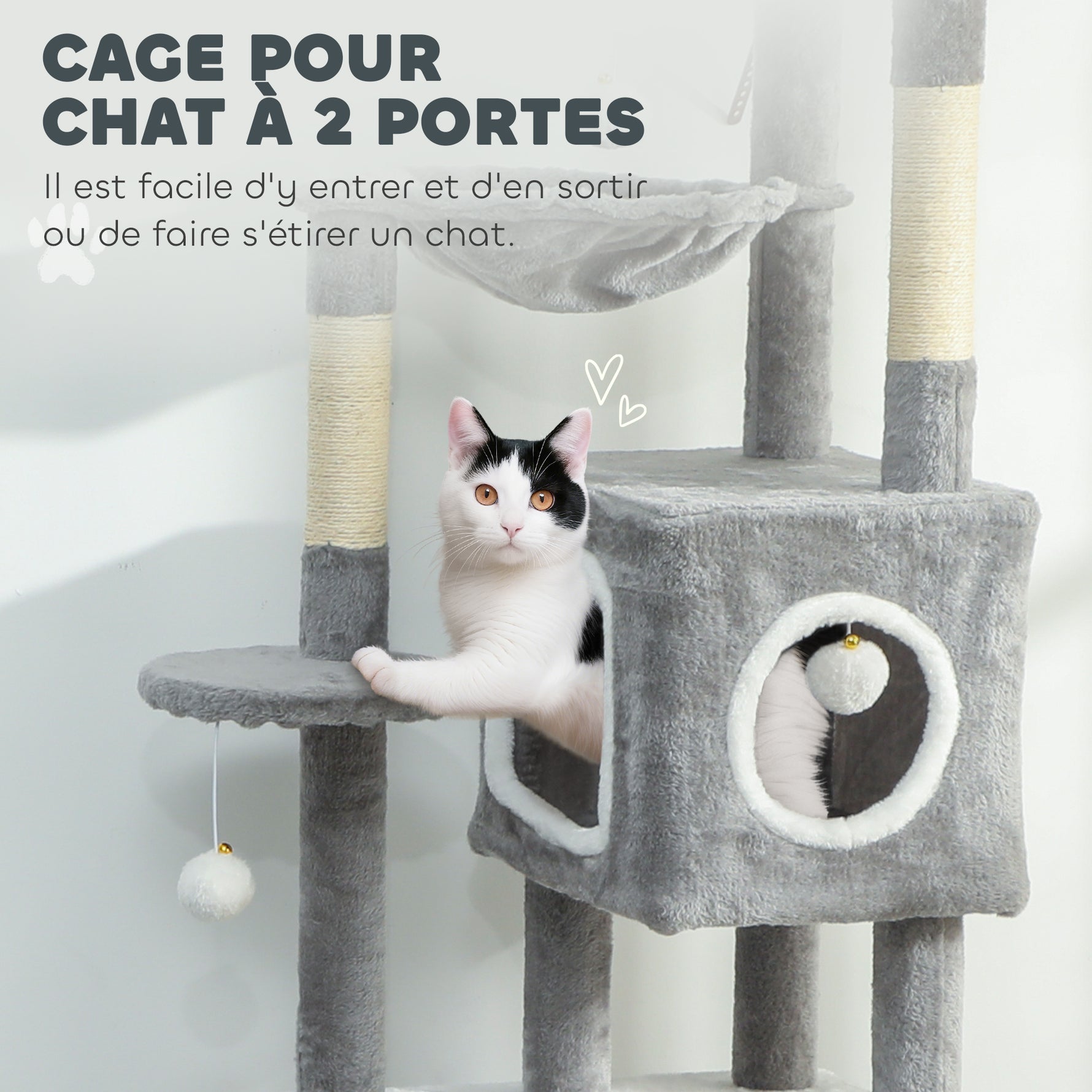 Arbre à chat tour de jeux pour chats centre d'activités 2 niches plateformes hamac échelle et 4 pompons 165 cm gris