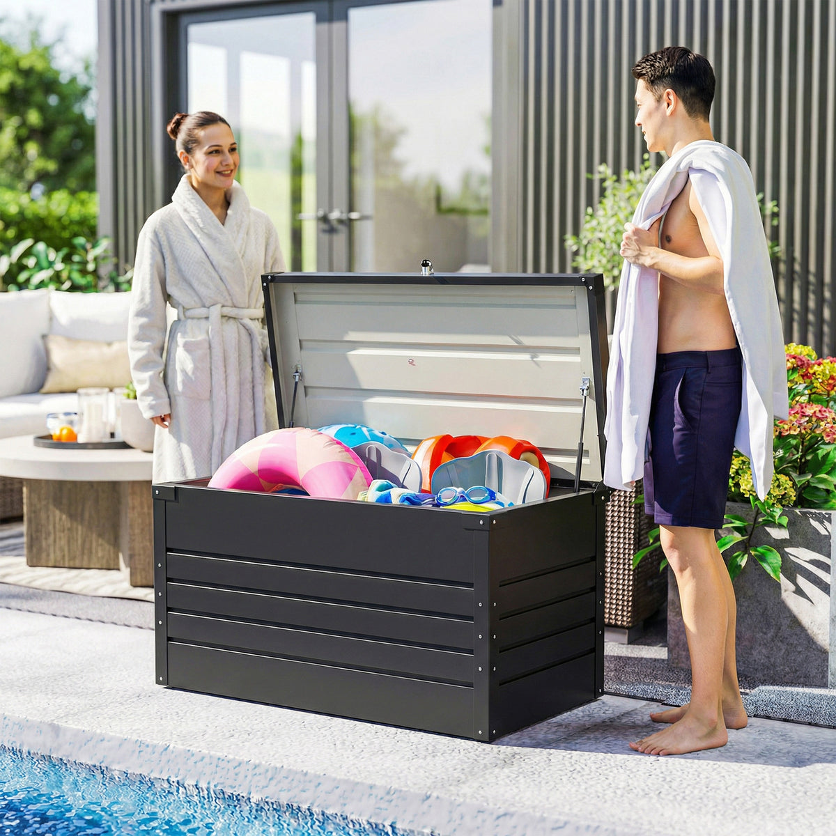 Coffre de rangement métal boîte de jardin 350L double vérins à gaz  verrouillable pour coussins outils gris anthracite