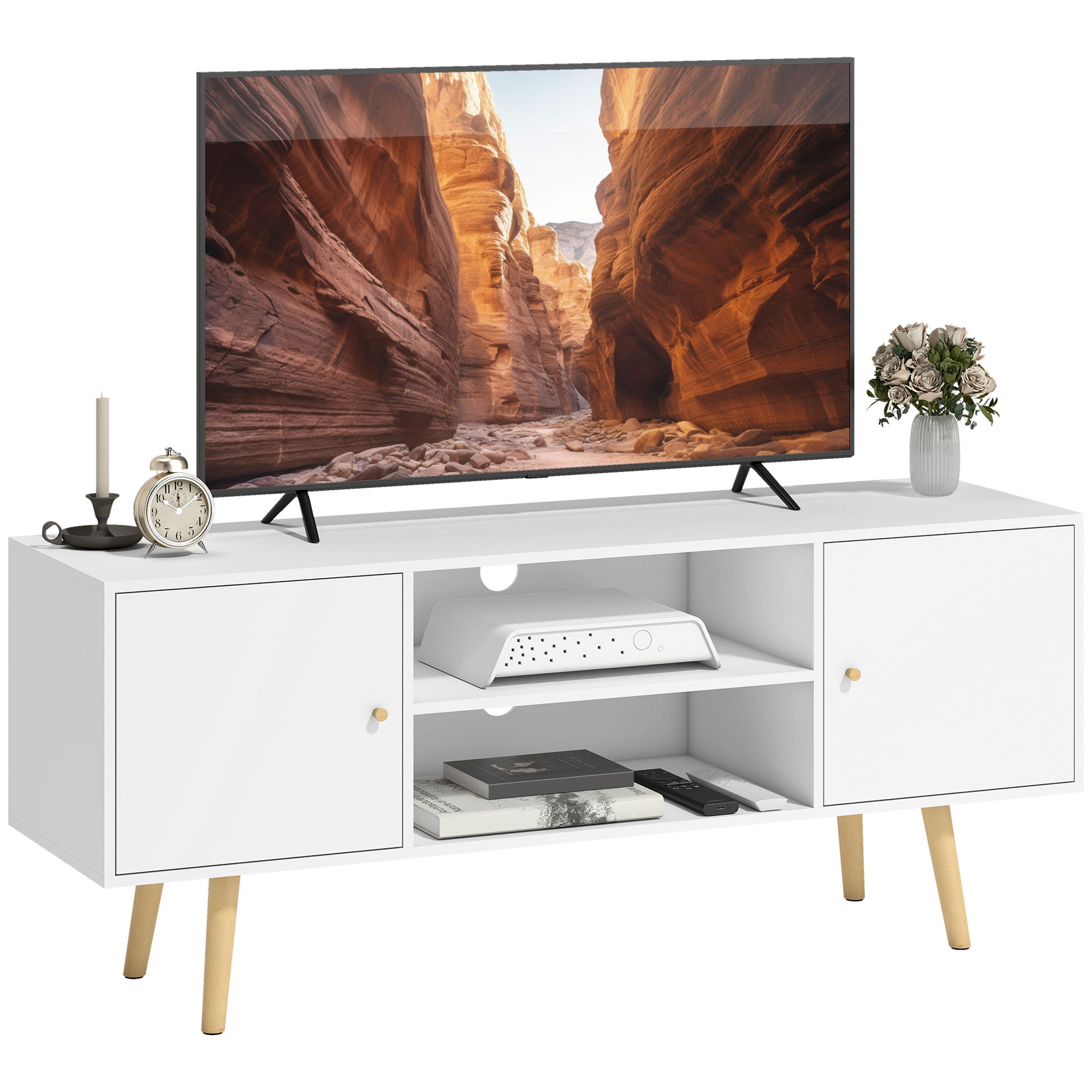 Meuble TV style scandinave 2 portes 2 niches passe-fils piètement bois pin panneaux blanc - 120 x 34 x 50 cm blanc