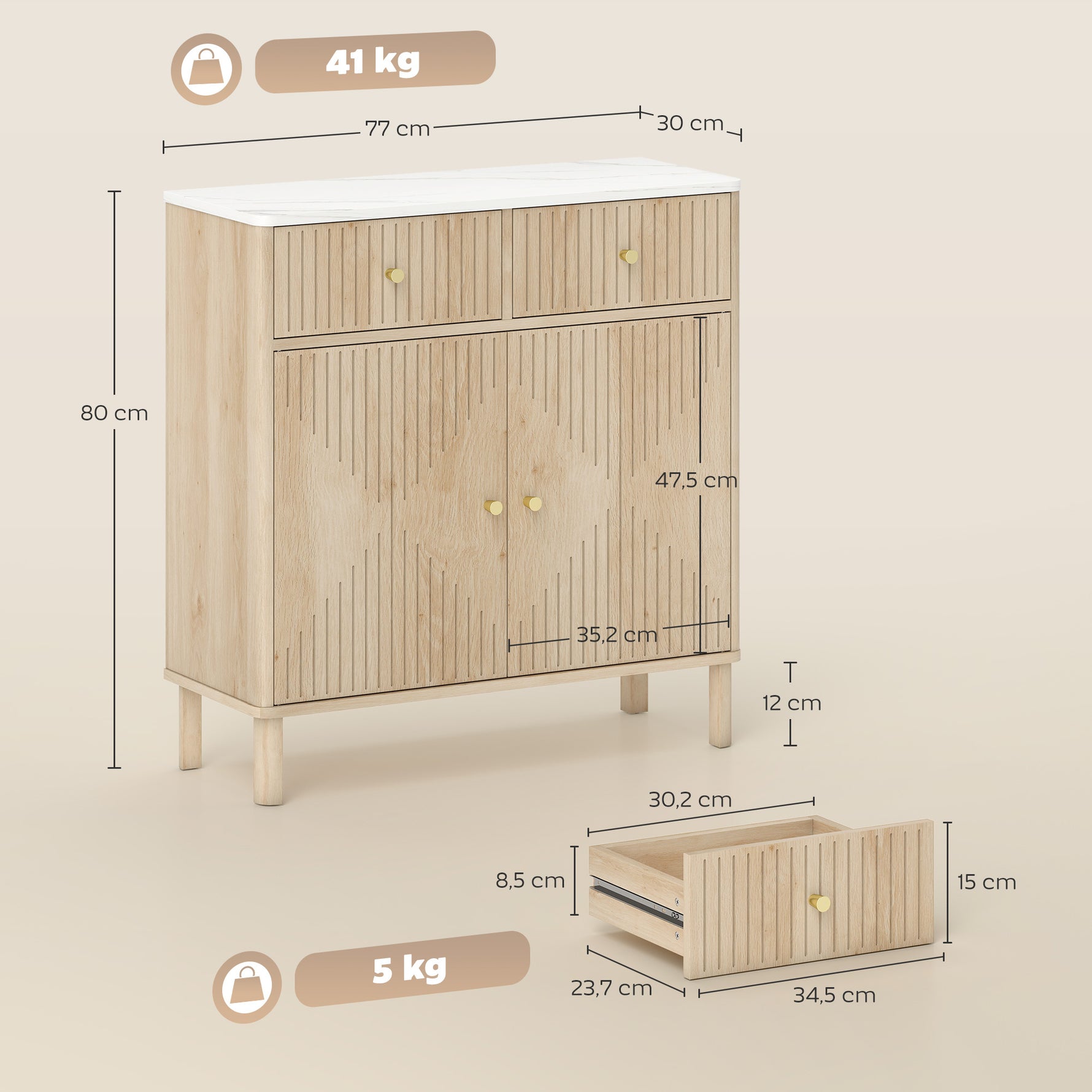 Buffet, meuble de rangement cannelé avec plateau effet marbre, 2 tiroirs, 2 portes, étagère réglable, 77x30x80cm, chêne
