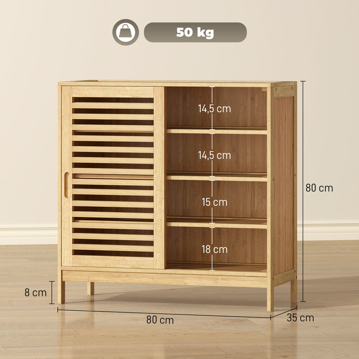 Meuble à chaussures en bambou 16 paires, armoire à chaussures, 2 portes coulissantes, étagères réglables, bois naturel