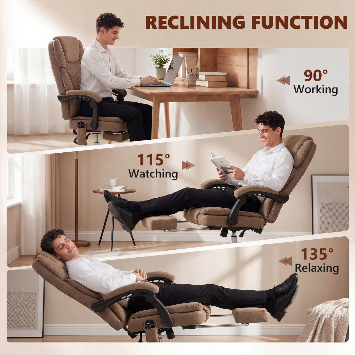 Vibrating and Heated Massage Office Chair, Ergonomic Printed Velvet Desk Chair, Reclining Backrest, Brown