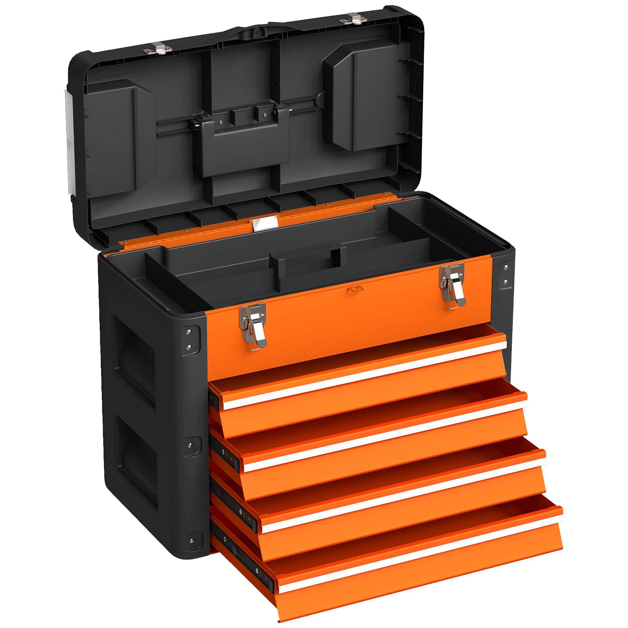 Boîte à Outils à 4 Tiroirs, Caisse à Outils en Acier Thermolaqué avec Plateau Amovible, 49,7x25,3x40,7cm, Orange
