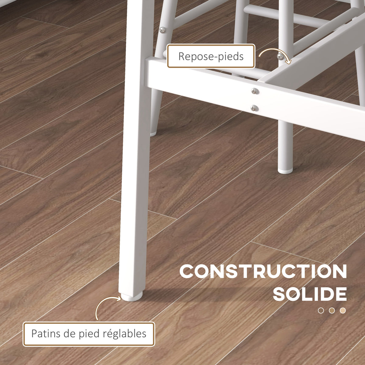 Ensemble table haute de bar + 2 tabourets structure en acier plateau aspect bois naturel 2 personnes blanc