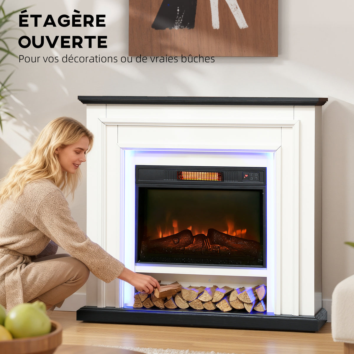 Cheminée électrique 1800W, fausse cheminée décorative lumières LED RGB, effet flamme, manteau, 105 x 27 x 97 cm, noir