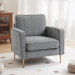 Fauteuil en tissu avec pieds en acier doré, grand confort, pochettes latérales, pour salon, bureau, chambre, gris