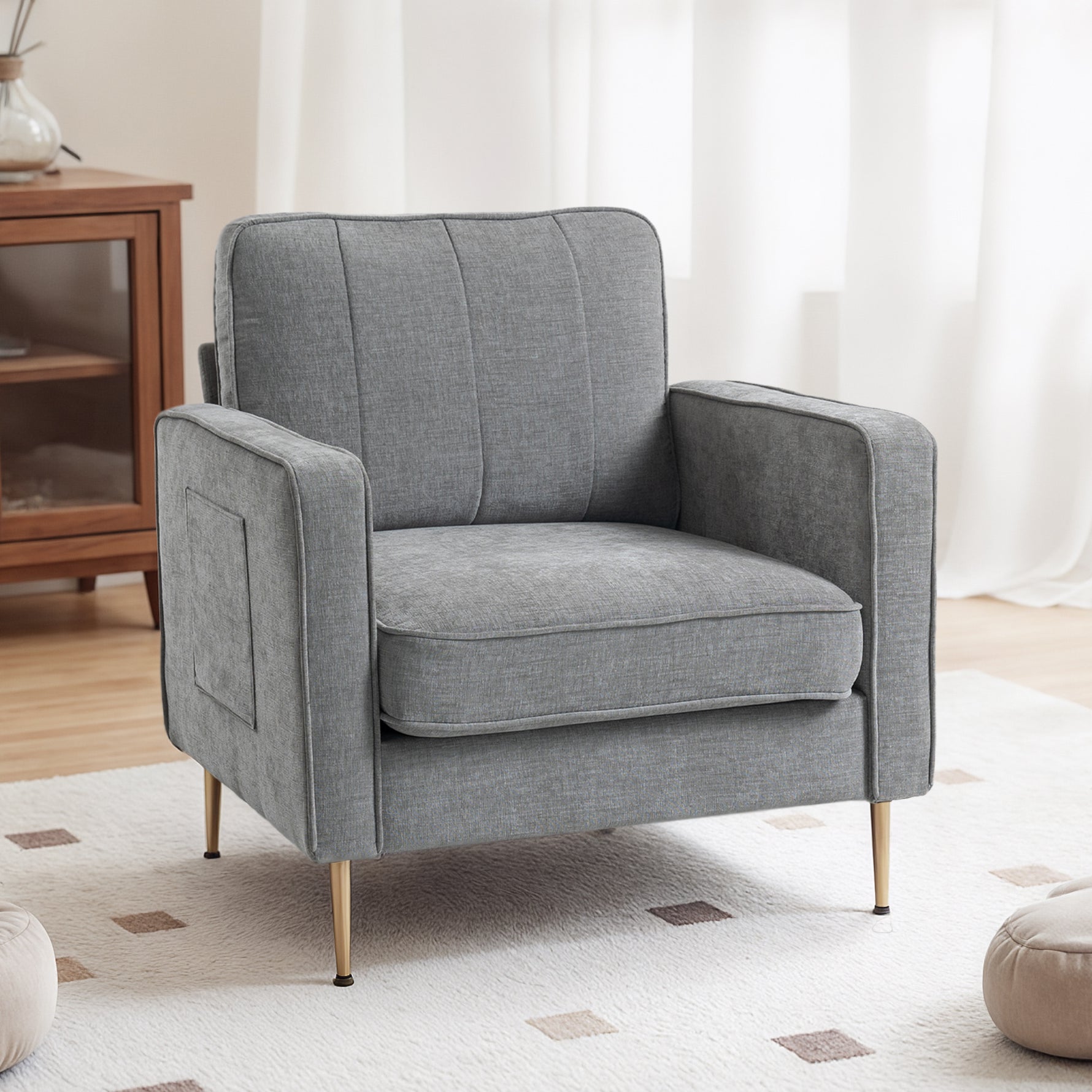 Fauteuil en tissu avec pieds en acier doré, grand confort, pochettes latérales, pour salon, bureau, chambre, gris