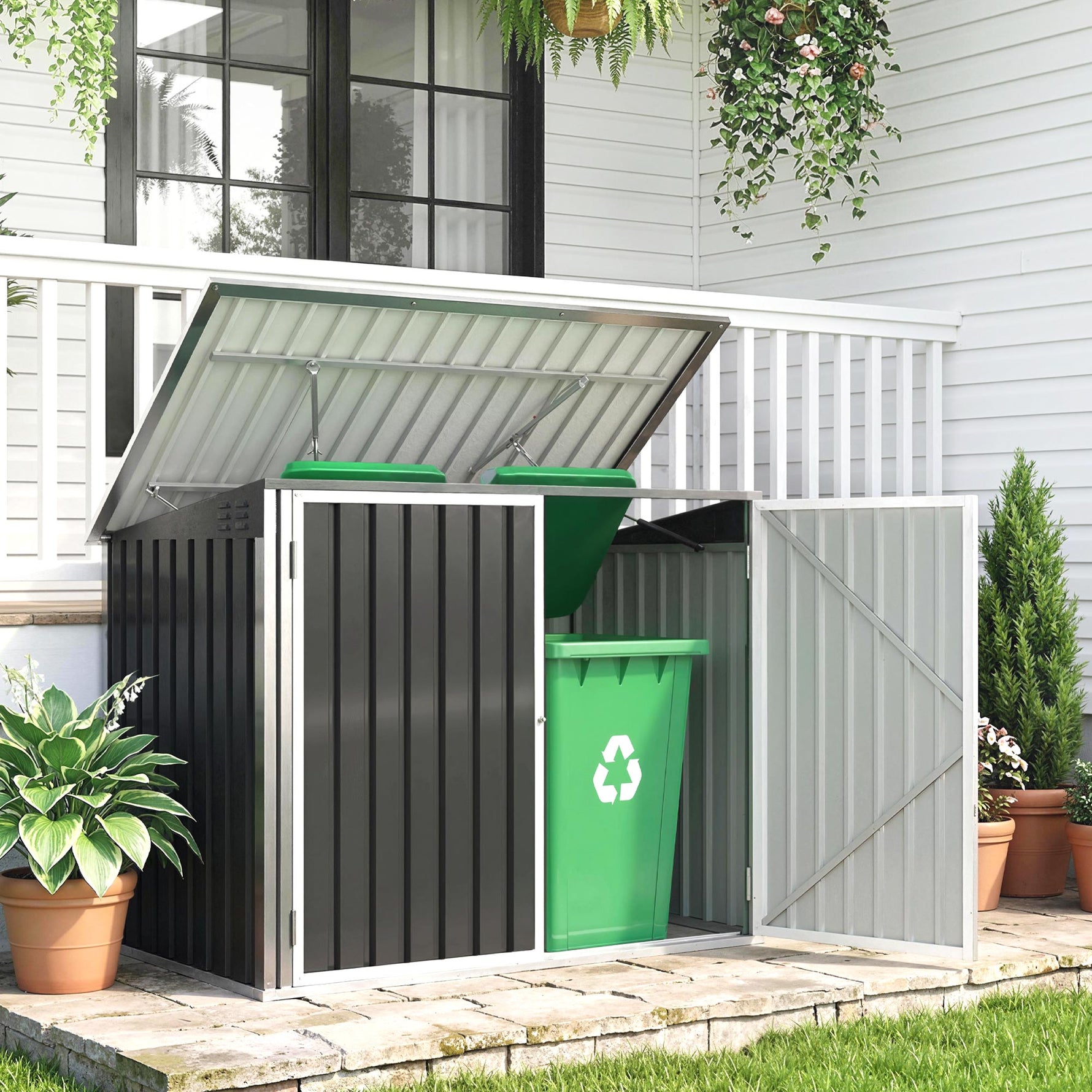 Cache Poubelle Double Abri de Jardin 2 Poubelles de 240L Couvercle Lié par Chaînes Vérins à Gaz 179,5x108x129,5cm Gris