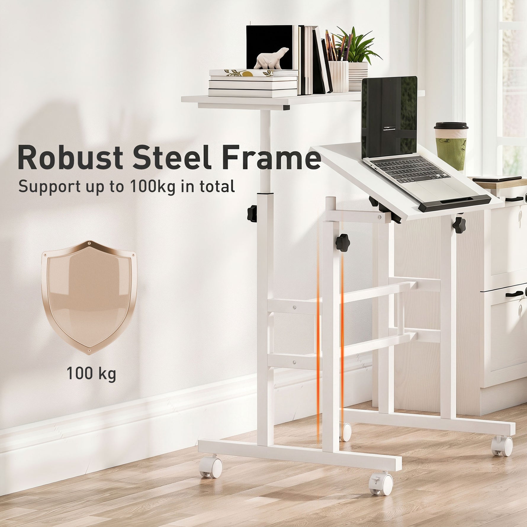 Bureau Assis-Debout, Bureau Réglable en Hauteur 70 x 60 cm, à Roulettes avec Plateau Inclinable, 70x60x70,5-120cm, Blanc