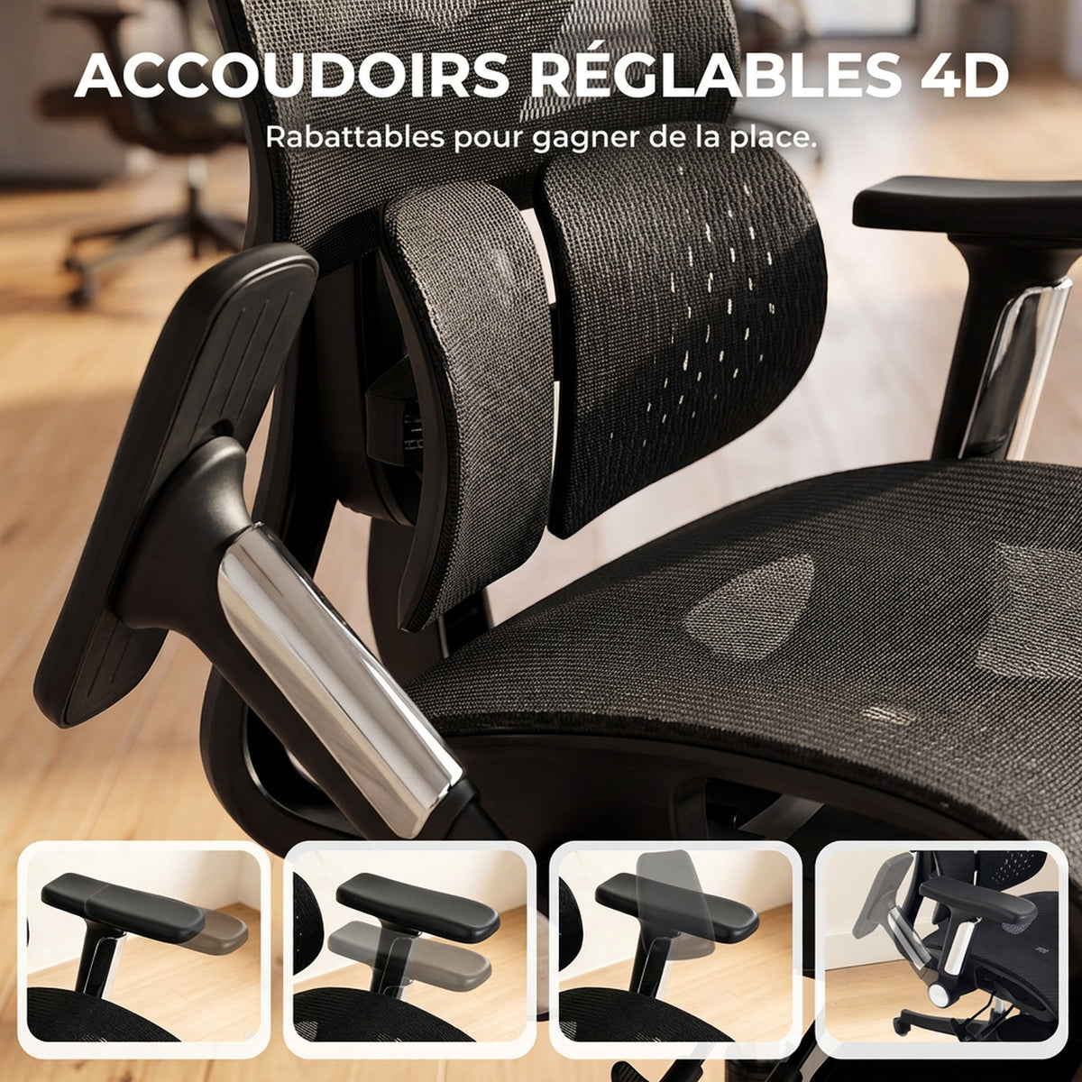 Ergonomic Office Chair, Reclining Mesh Desk Chair, Lumbar Support, 4D Armrests, Black