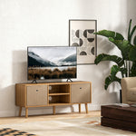 Meuble TV bas sur pieds style contemporain avec 2 tiroirs en tissu dim. 110L x 29l x 46,5H cm - passe-câbles - MDF
