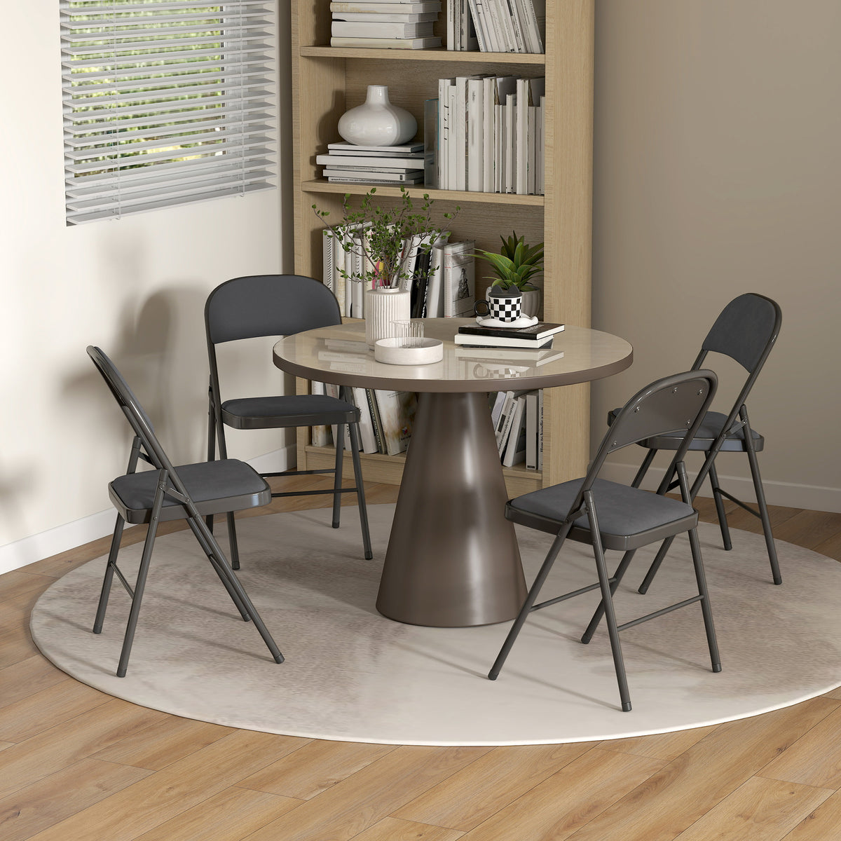 Lot de 4 chaises pliantes et portables intérieur avec assises et dossiers rembourrés en velours, cadre en acier, gris foncé