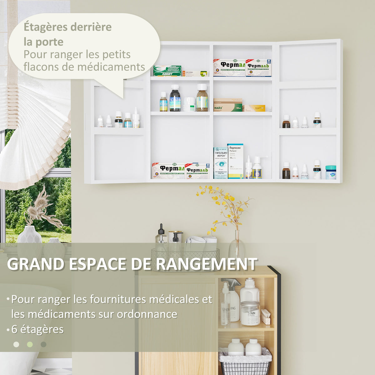 Armoire à pharmacie 6 étagères avec serrure et 2 clés de sécurité, 55x18x60 cm, blanc