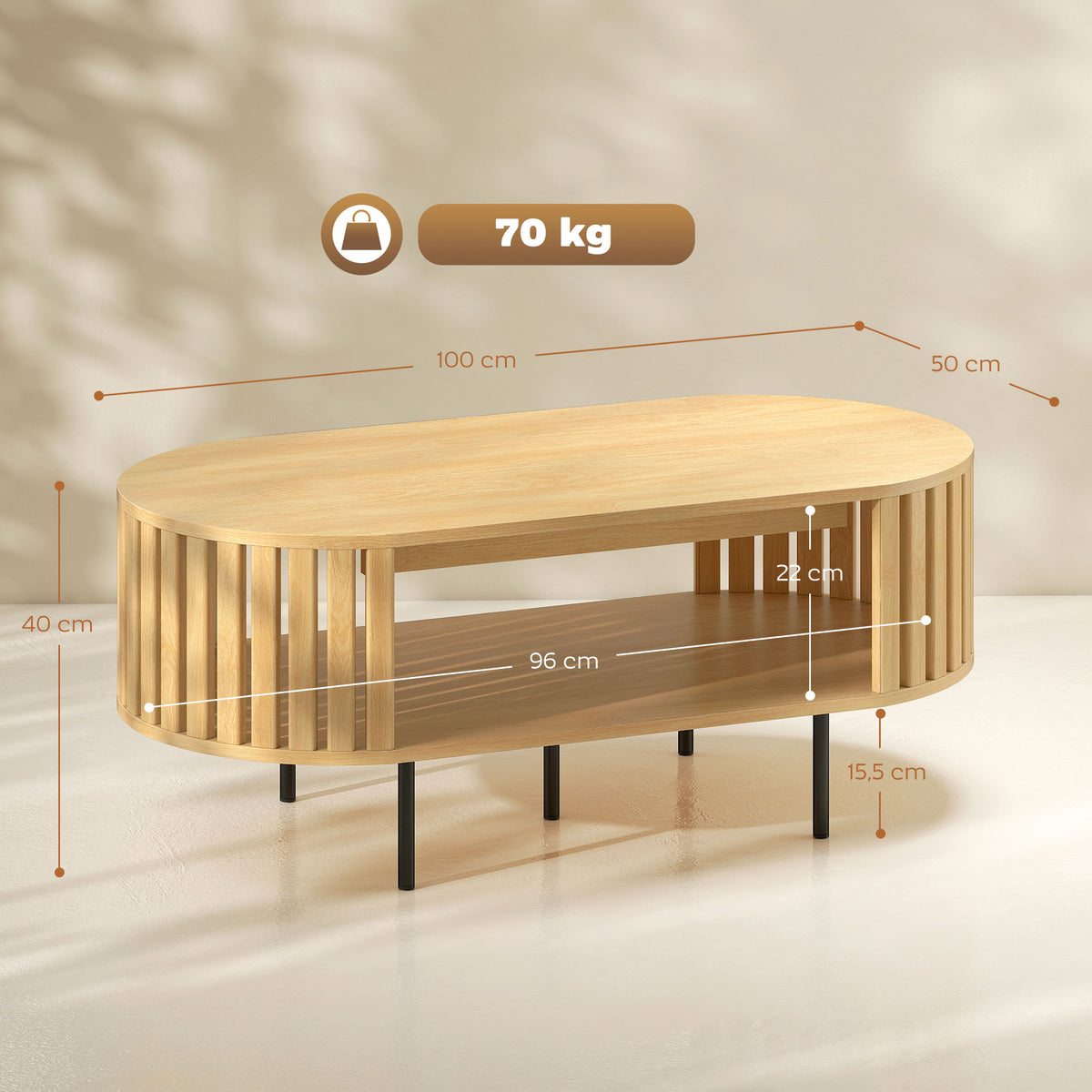 Table basse ovale, table de salon avec rangement, coins arrondis, design lattes, 100 x 50 x 40 cm, effet bois naturel