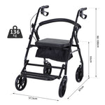 Déambulateur 4 roues - déambulateur pliable léger - assise + dossier rembourré - poignées ergonomiques, freins à main - panier rangement - cale-pied - métal noir