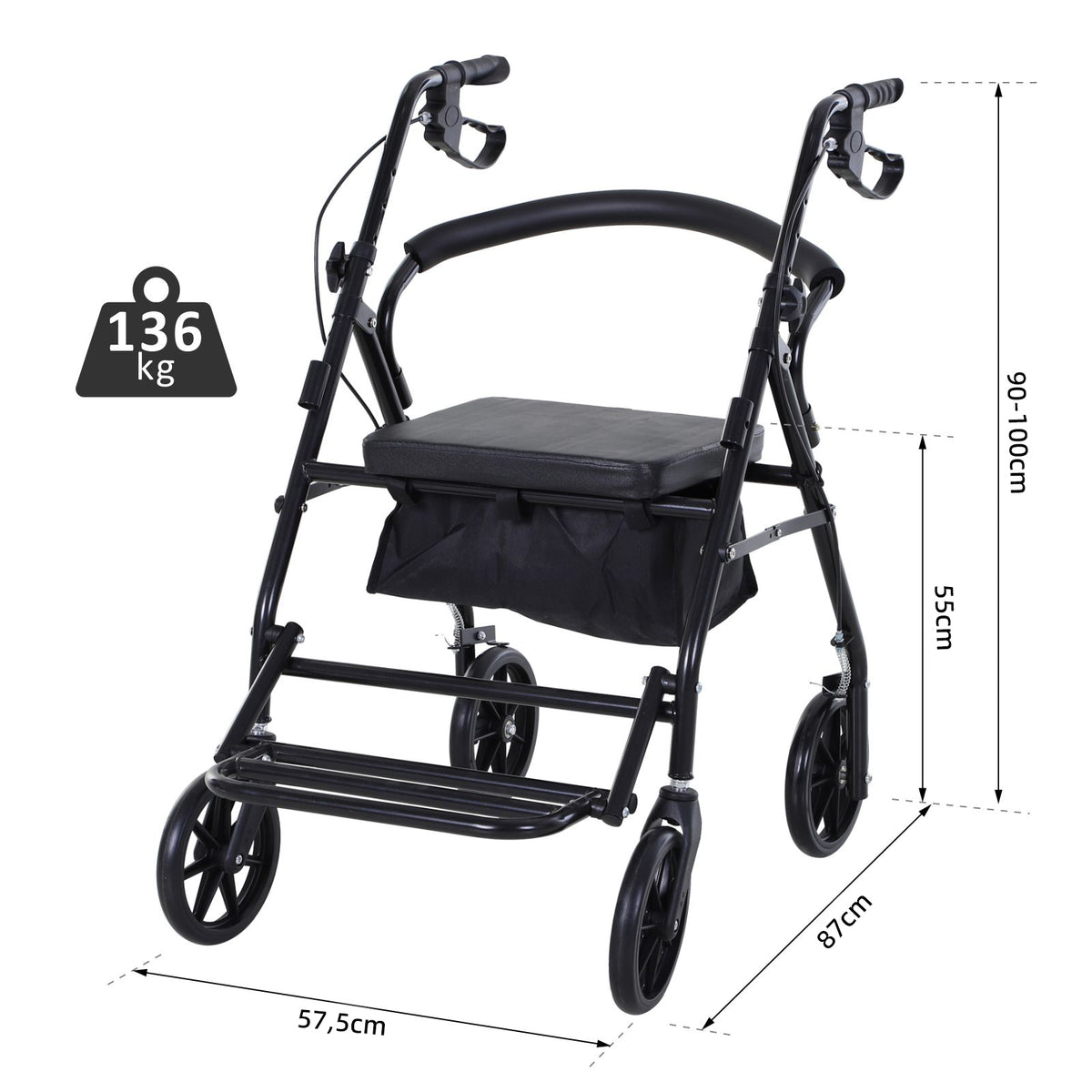 Déambulateur 4 roues - déambulateur pliable léger - assise + dossier rembourré - poignées ergonomiques, freins à main - panier rangement - cale-pied - métal noir